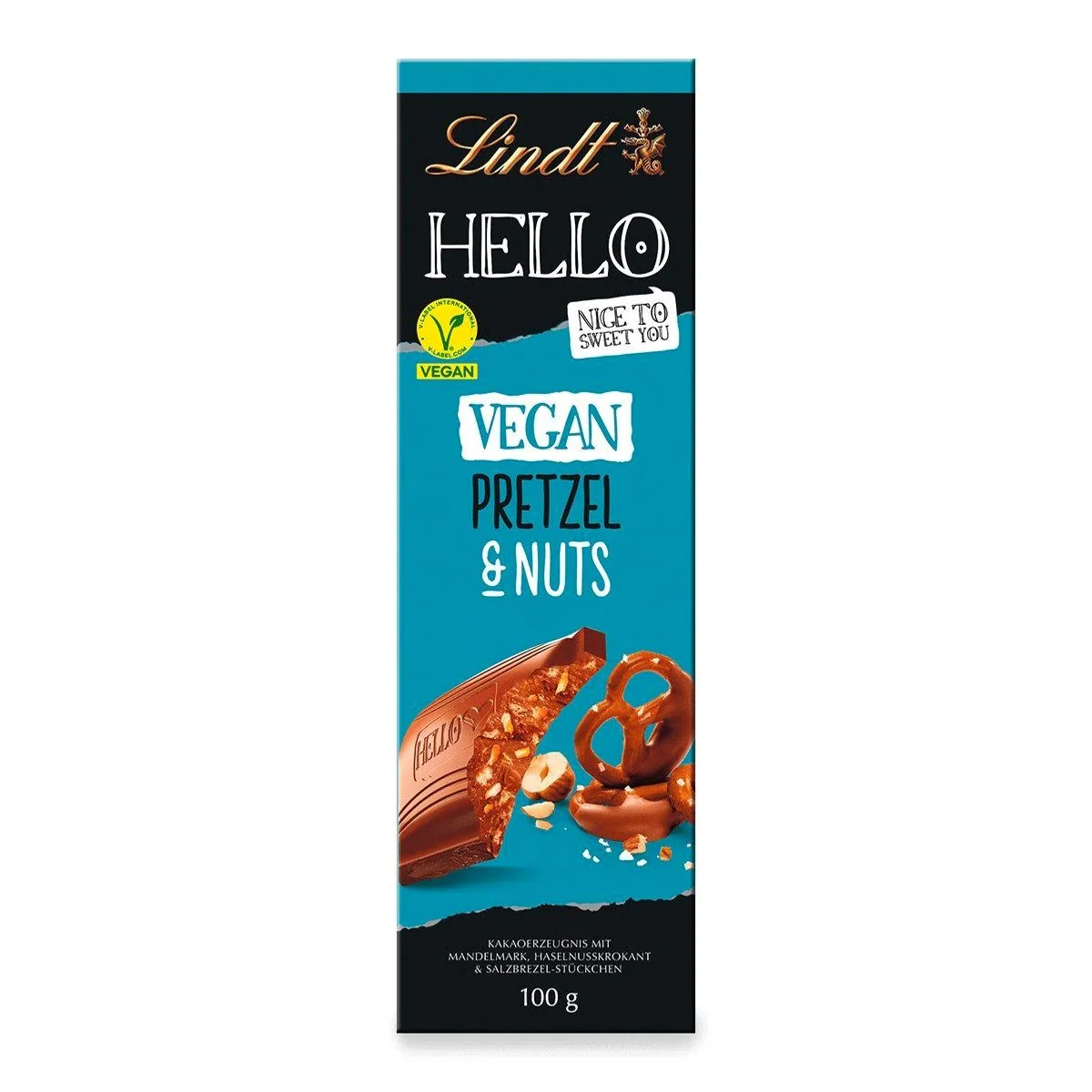 Lindt Hello Vegan Pretzel Nuts, salzig mit Haselnusskrokant 100g — knusprige Pretzel, feine Nüsse, vegan