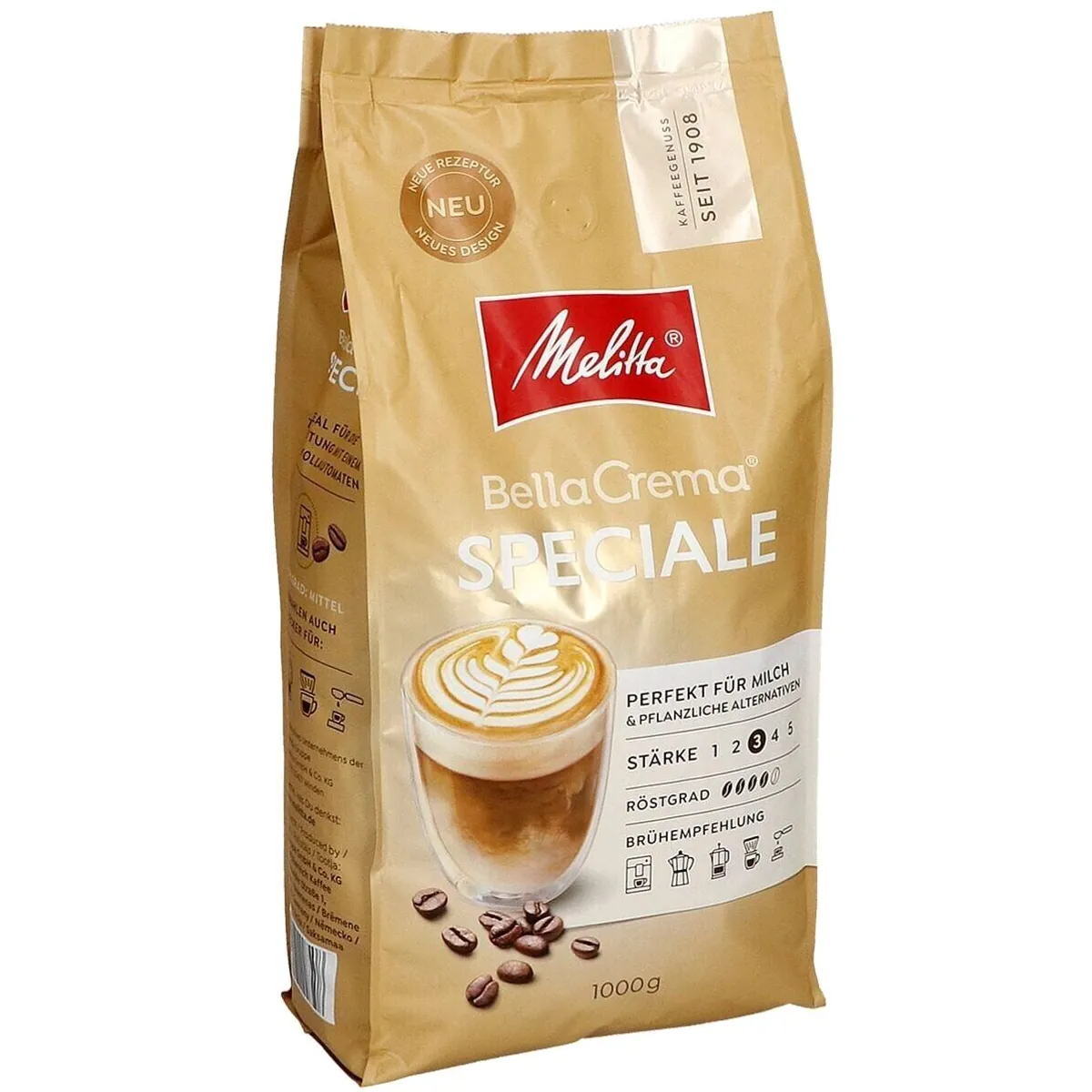 Melitta BellaCrema Speciale, 1000 g, 100% Arabica-Hochland-Kaffeebohnen — mild, würzig, ideal für Kaffee-Milch-Spezialitäten