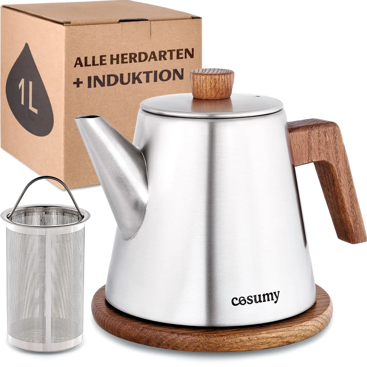 Teekanne Cosumy, Edelstahl & FSC Holz, 1,2 l — induktionsgeeignet, tropffrei, stilvolles Design