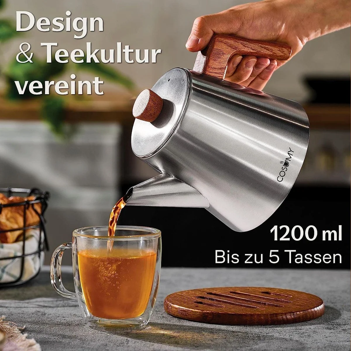 Teekanne Cosumy, Edelstahl & FSC Holz, 1,2 l — induktionsgeeignet, tropffrei, stilvolles Design 2