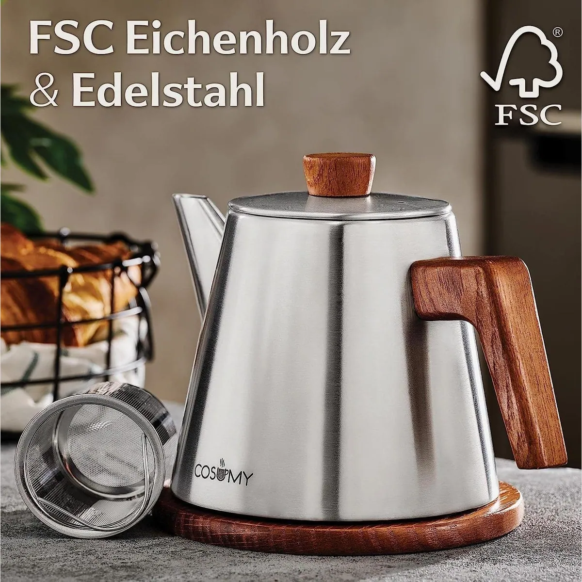 Teekanne Cosumy, Edelstahl & FSC Holz, 1,2 l — induktionsgeeignet, tropffrei, stilvolles Design 3