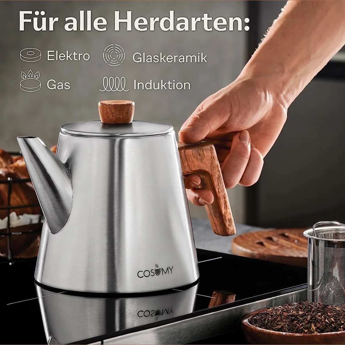 Teekanne Cosumy, Edelstahl & FSC Holz, 1,2 l — induktionsgeeignet, tropffrei, stilvolles Design 4