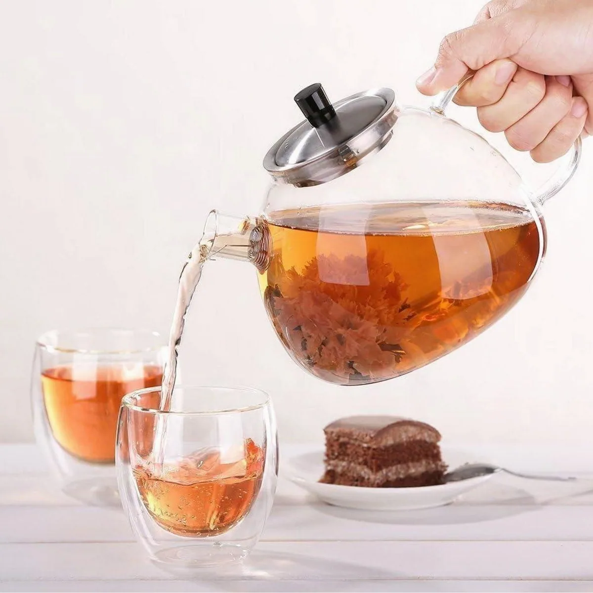 Teekanne Glas Edelstahl, 1500 ml, hitzebeständig, ultrafeines Teesieb 2
